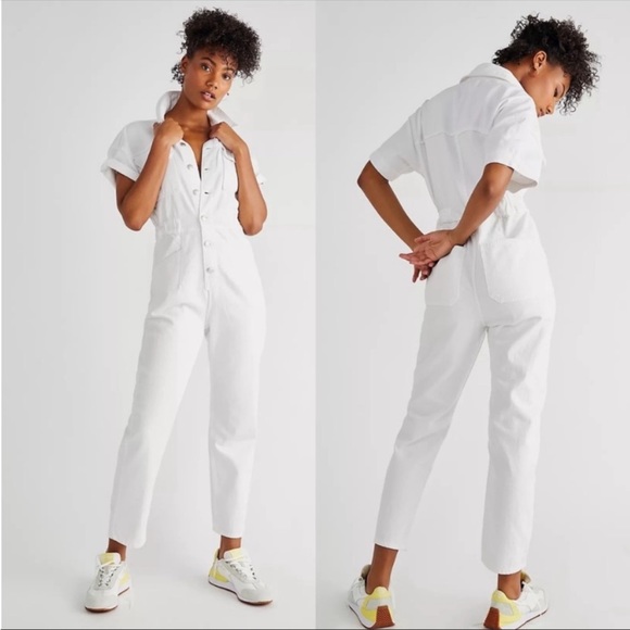 Free People Pants - (M) Free People White Marci Coverall Jumpsuit Romper Jean Size Medium